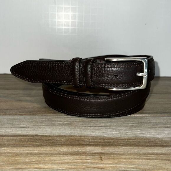 Embossed Pebble Leather Belt Men’s 52” Brown Silver Buckle Classic Workwear - Picture 1 of 8